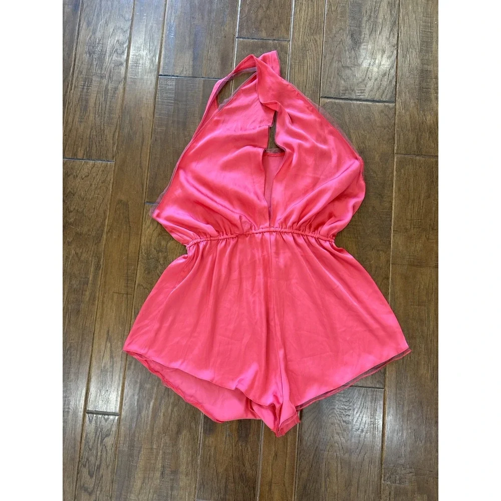 Free People Intimately Satin Romper Medium Coral Shorts Tank Top Lace‎ Pajamas M